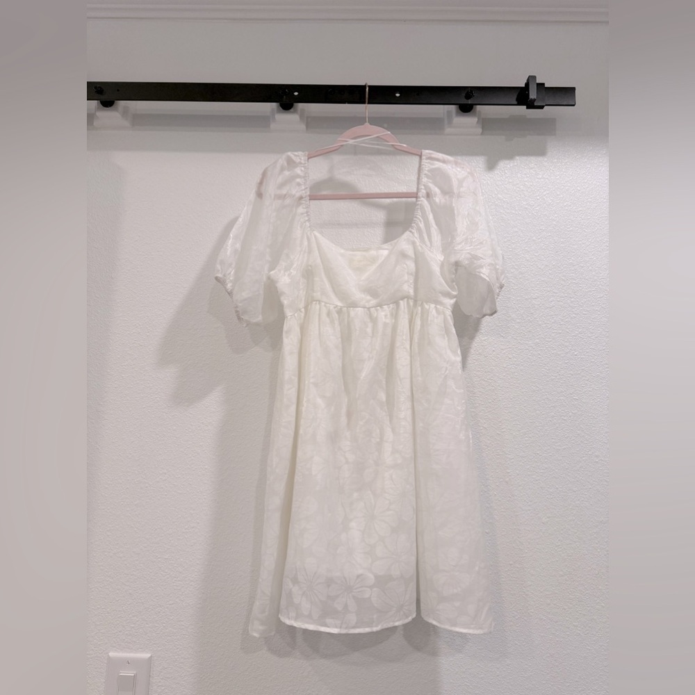 Altar’d State white mini with puff sleeves, full lining, sheer floral pr…